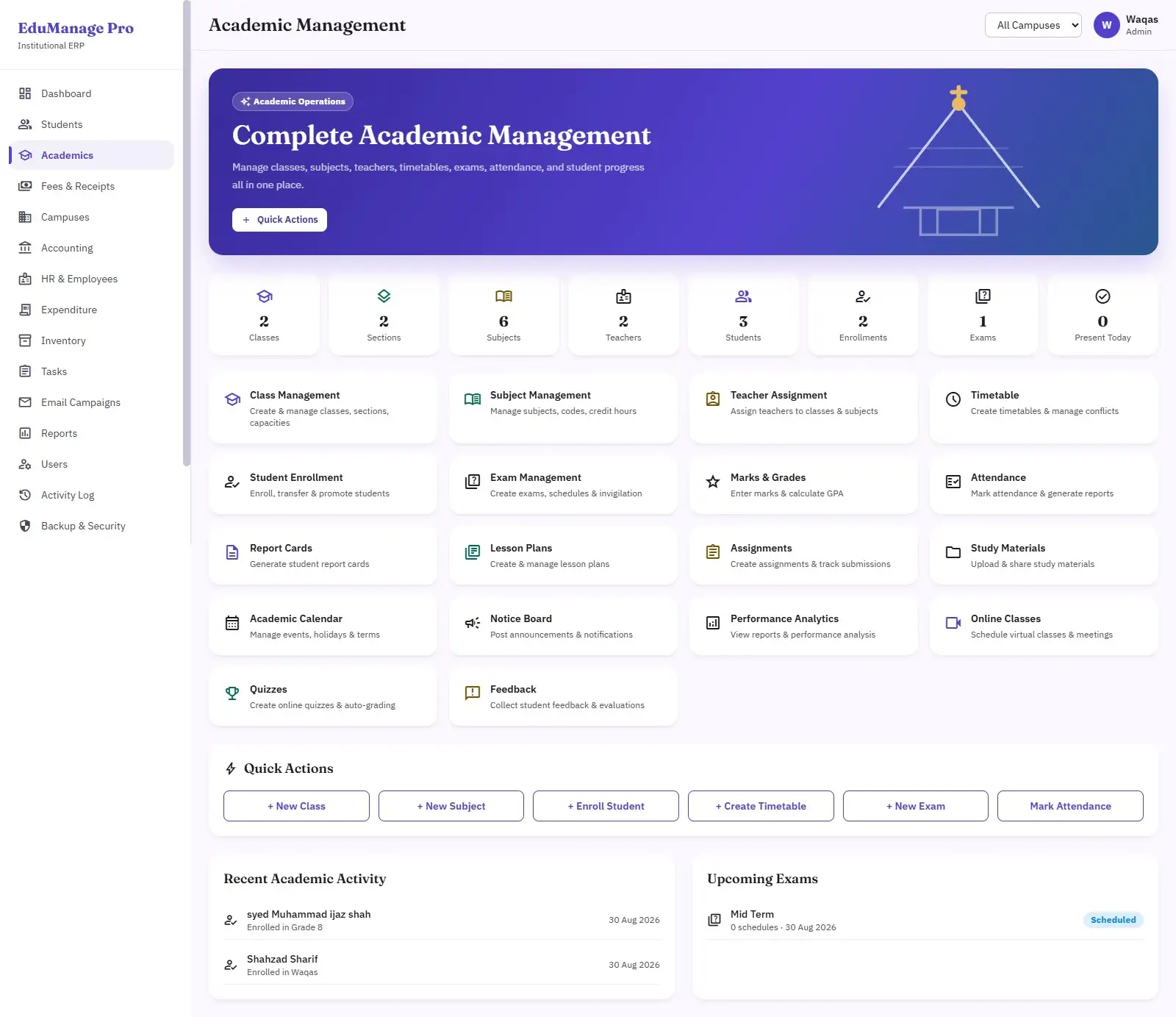 College ERP department and semester overview