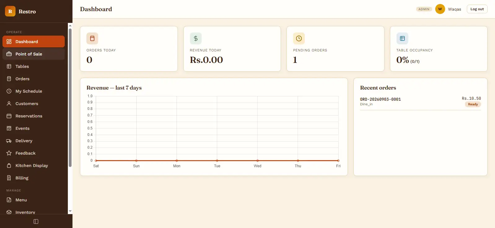 Restaurant point-of-sale and daily sales dashboard