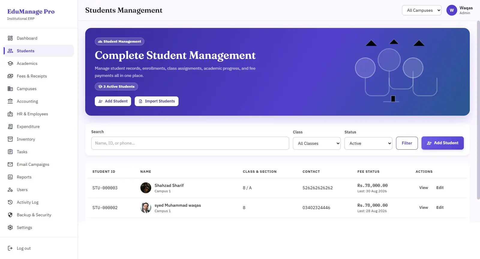 School fee and attendance management dashboard